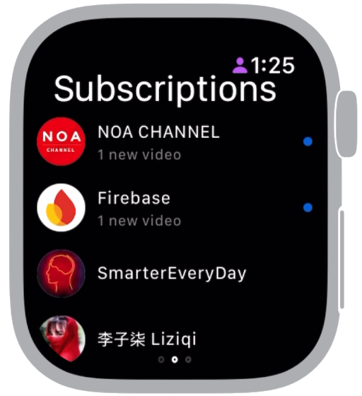 Apple Watch running YTWatch, showing the Subscriptions list with channel avatars and new-video badges